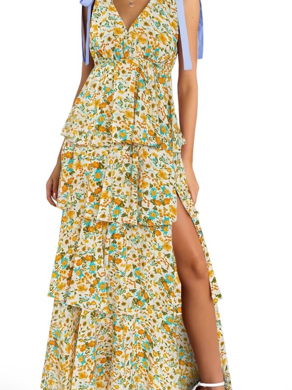 Floral Tiered Maxi Dress in Yellow & Teal